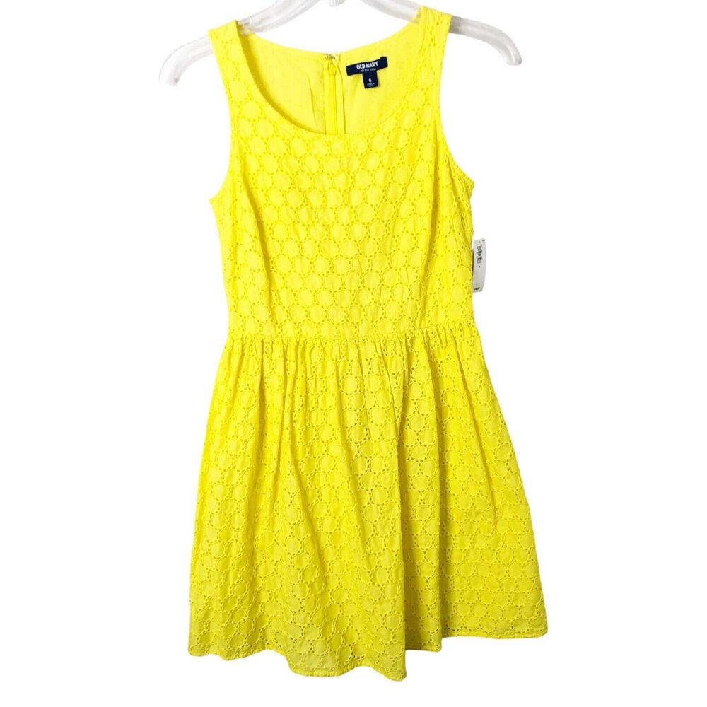 Old Navy NWT Women's Eyelet Fit N Flare Lined Sleeveless Yellow Dress Size 0